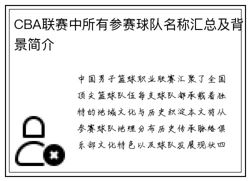 CBA联赛中所有参赛球队名称汇总及背景简介